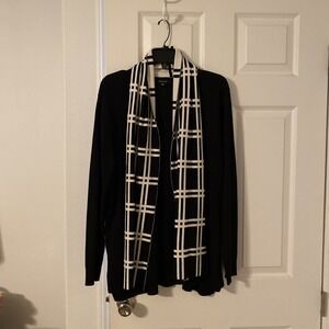 Verve Ami‎ V Neck With Attached Scarf Black Pullover Black And White Scarf L/S